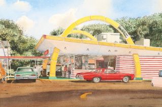 Araun Gordijn, framed watercolour, signed and dated 1992, "Drive Through",51cm x 72cm.