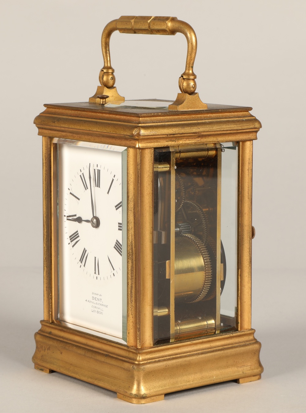 French brass repeating carriage clock, engraved AIGUILLES on the back,  Examp by Dent, 4 Royal - Image 7 of 12