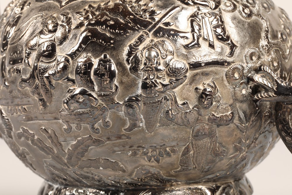 Fantastic 19th century chinese silver four piece tea and coffee service, decorated with warriors, - Image 17 of 51