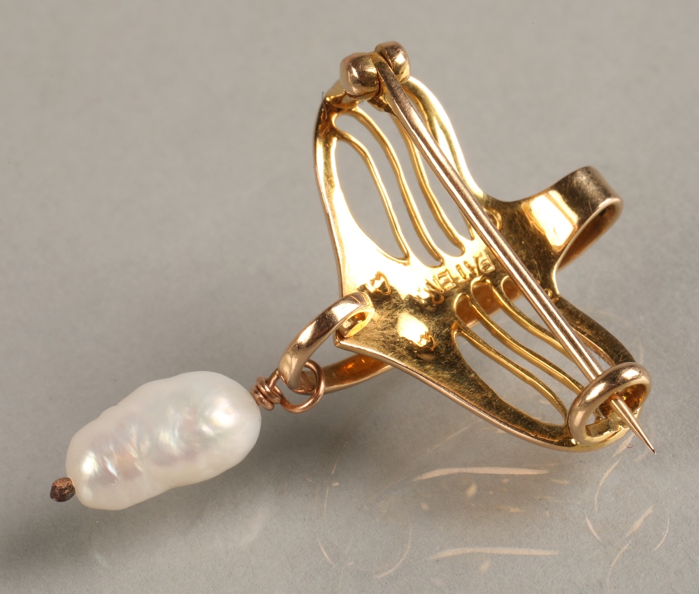 Murrle Bennett 15ct yellow gold brooch/pendant with pearl, 3.9 grams. - Image 9 of 12