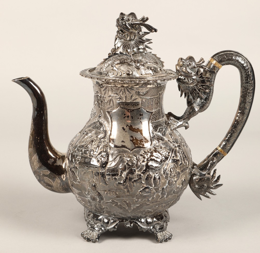 Fantastic 19th century chinese silver four piece tea and coffee service, decorated with warriors, - Image 4 of 51
