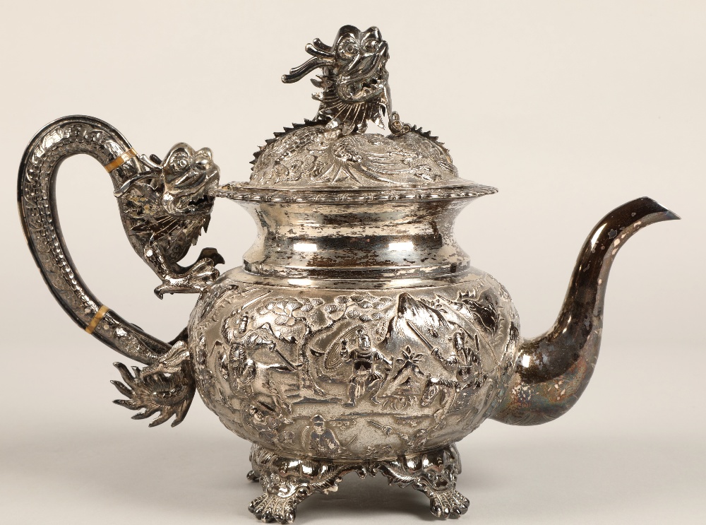 Fantastic 19th century chinese silver four piece tea and coffee service, decorated with warriors, - Image 19 of 51