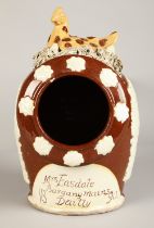 19th century Cumnock pottery salt crock with hen and chick on the top, inscribed 'Mrs Easdale