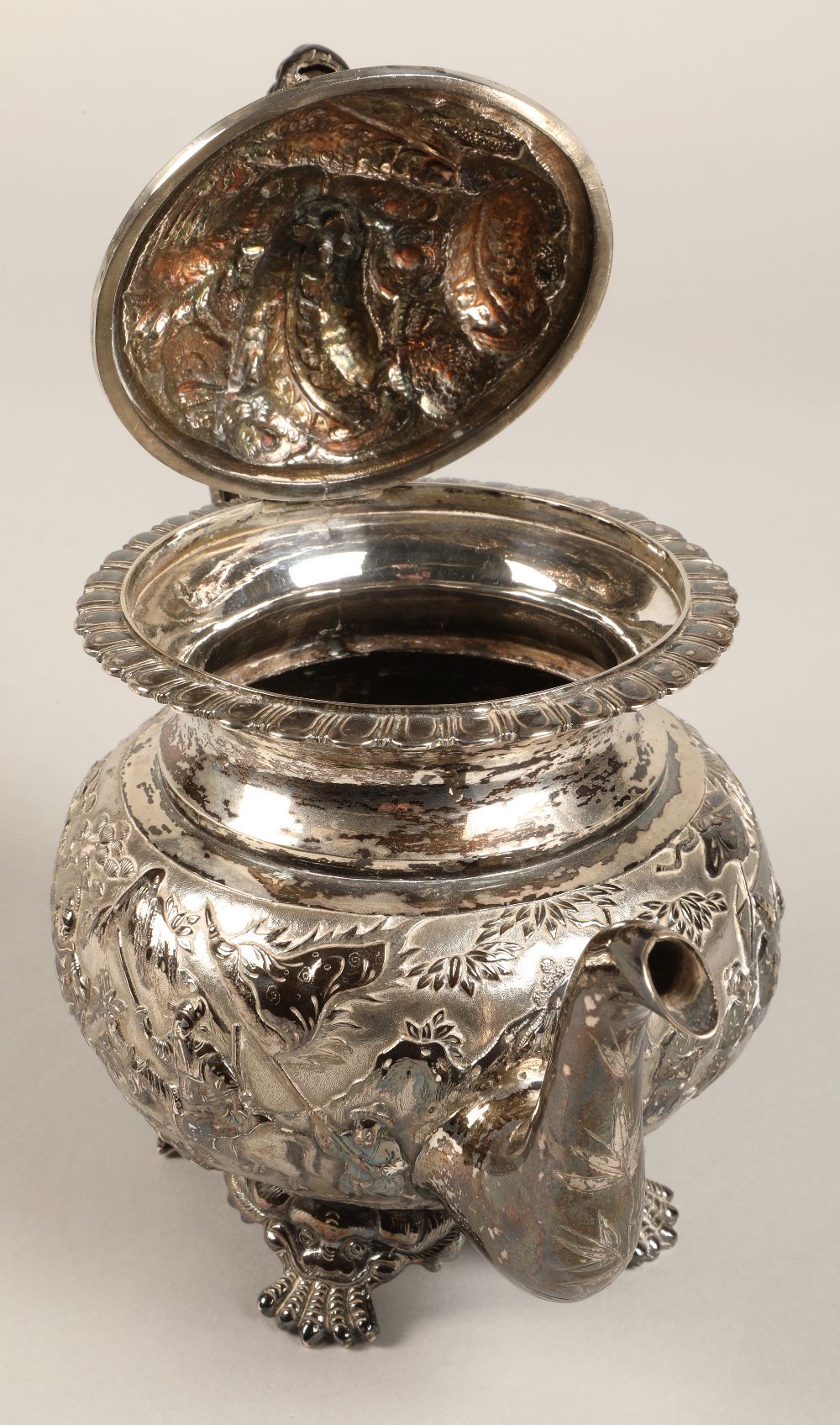 Fantastic 19th century chinese silver four piece tea and coffee service, decorated with warriors, - Image 25 of 51