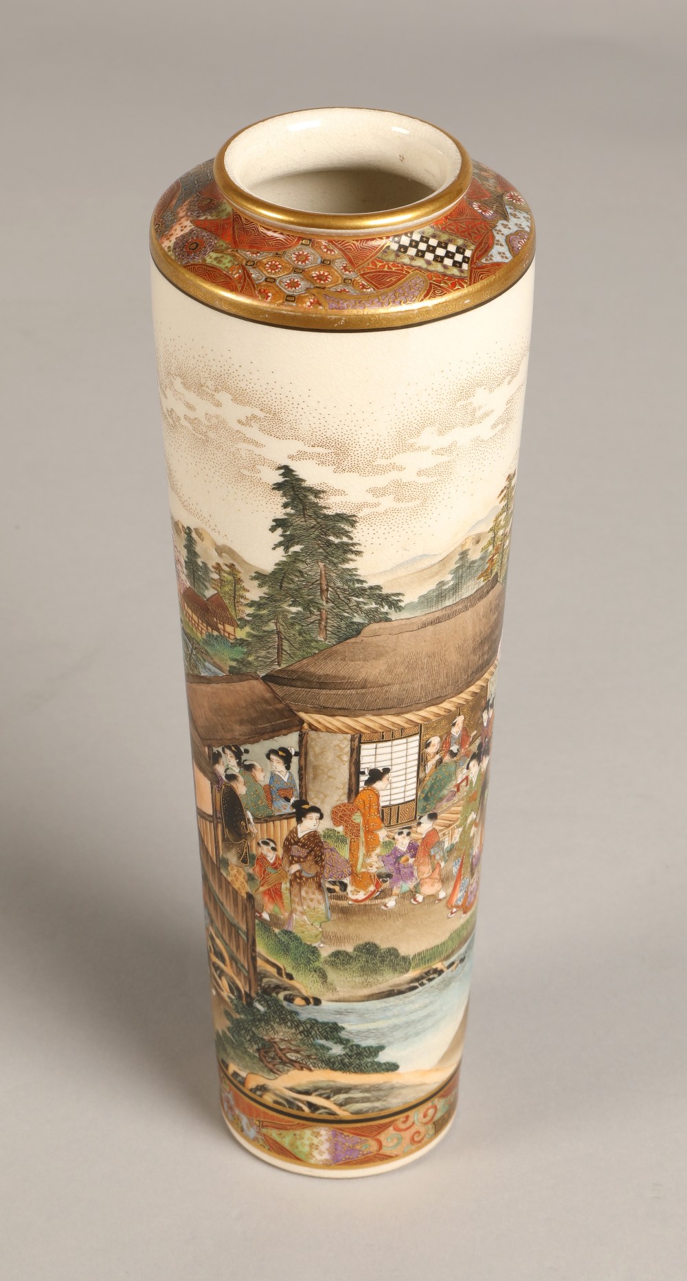 Japanese Satsuma Meiji period vase of elongated form, decorated with nobles in luxurious dress on - Image 2 of 12