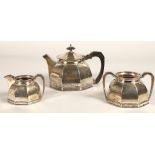 Three piece silver tea service, comprising of teapot, cream jug and sugar bowl of octagonal