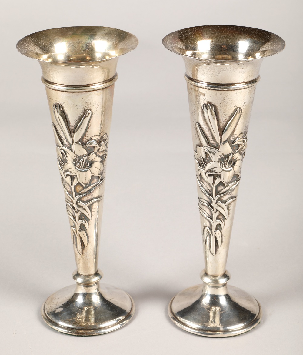 Pair of silver weighted spill vases, with embossed floral decoration, assay marked London 1906,maker - Image 2 of 7