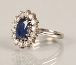 Ladies 18ct white gold sapphire and diamond ring, central sapphire surrounded by fourteen small