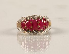 Ladies 9 ct yellow gold graduated ruby & diamond ring, ring size L.