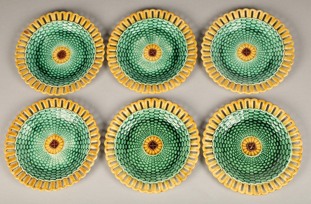 Seven piece Wedgwood majolica fruit set, with green lustre weave effect with yellow pierced border. - Image 2 of 6