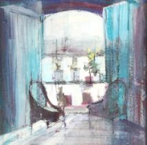Dianne Gardner (20th century) , framed acrylic and mixed media, "Blue Interior, 30cm x 30cm