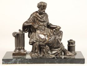 Bronze figure of a Roman noble reading scrolls, on marble base, 33cm long,25cm high.