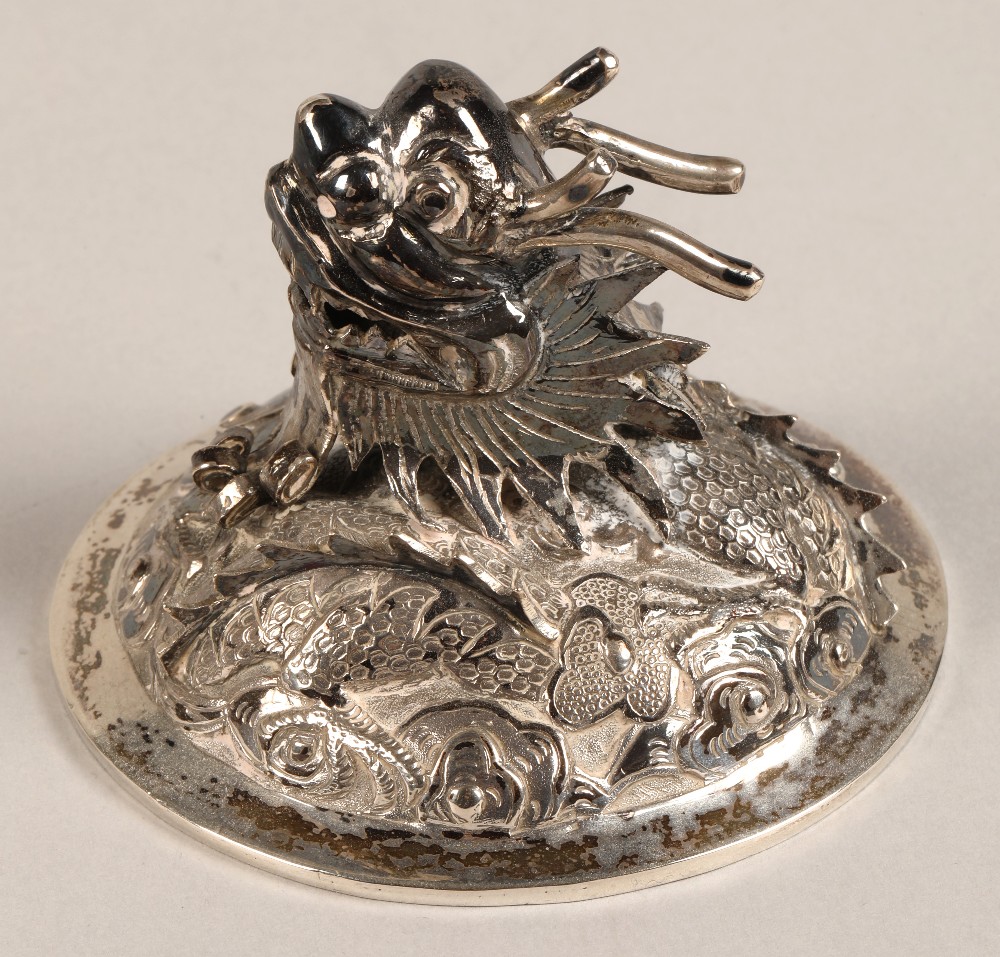 Fantastic 19th century chinese silver four piece tea and coffee service, decorated with warriors, - Image 36 of 51