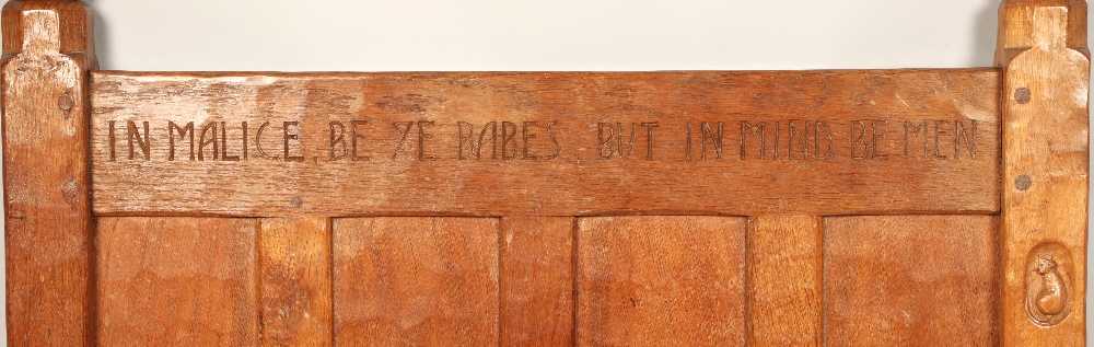 Robert Thompson of Kilburn, 'Mouseman' oak single bed head, inscribed 'In Malice, be ye babes, but - Image 3 of 9