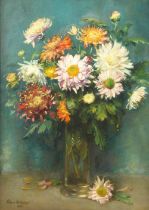 Andrew Law (Scottish 1873 - 1967) Swept framed oil on canvas - signed 'Mixed Dahlias in a Stemmed