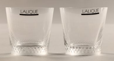 Pair of small Lalique whisky tumblers, etched Lalique France to the base, 6.5 cm high in Lalique box