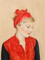 Gentian Lulani ( Albanian born 1972) ARR 'Portrait of a lady in red' Framed, mixed media 38 cm x