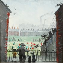 Nick Holly (Welsh born 1968) ARR Framed oil on board, signed "The Football Match" 20 cm x 20 cm