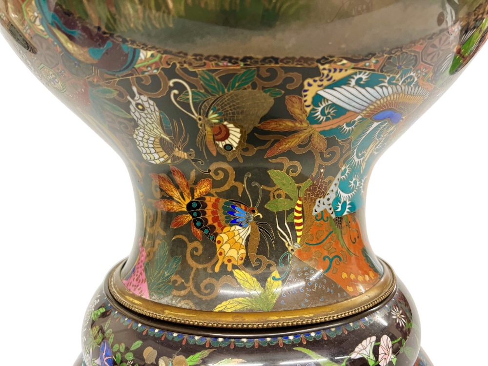 Magnificent Japanese cloisonne vase and cover, the bulbous body decorated with three panels - Image 2 of 12
