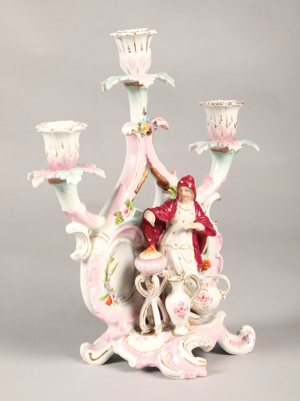 Continental school candelabra, with cross sword markings, featuring classical figures with fire, - Image 2 of 5