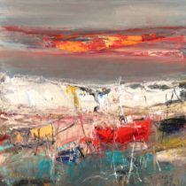 Nael Hanna (Scottish/Iraqi born 1959) ARR, framed oil on board, signed, "Red Sky Over West Haven",