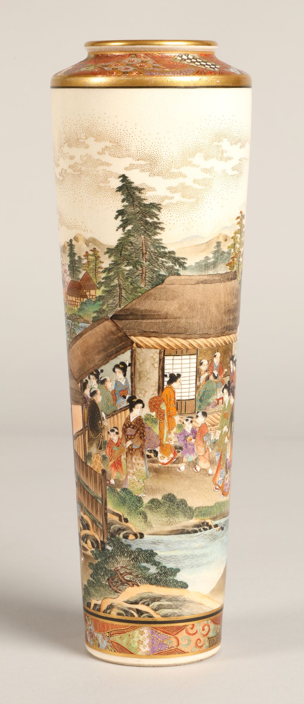 Japanese Satsuma Meiji period vase of elongated form, decorated with nobles in luxurious dress on - Image 6 of 12