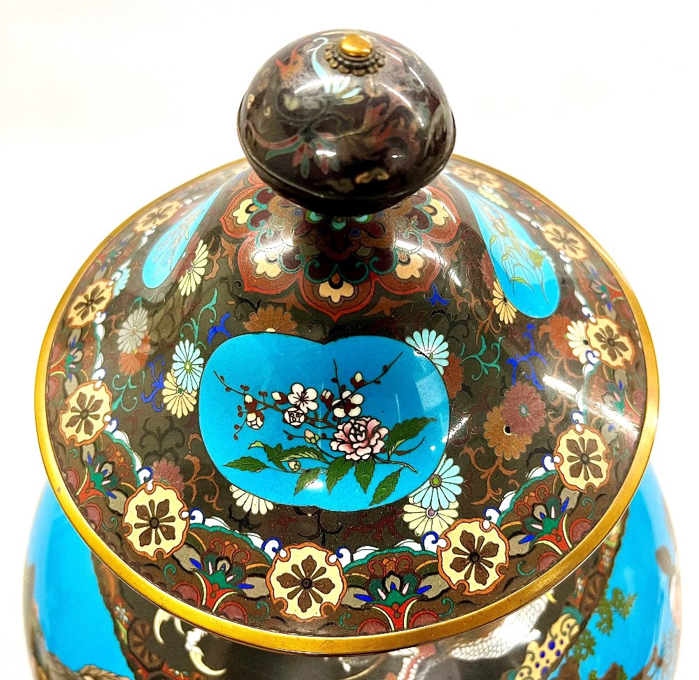 Magnificent Japanese cloisonne vase and cover, the bulbous body decorated with three panels - Image 7 of 12