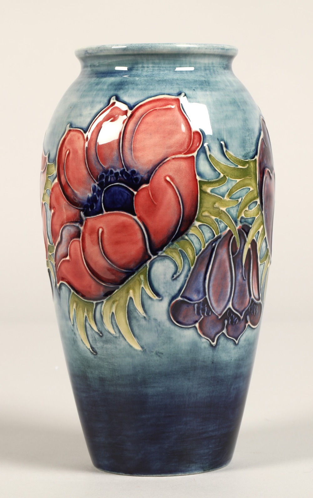 Moorcroft pottery vase of baluster form, pale blue ground in the anemone pattern, impressed marks - Image 3 of 10