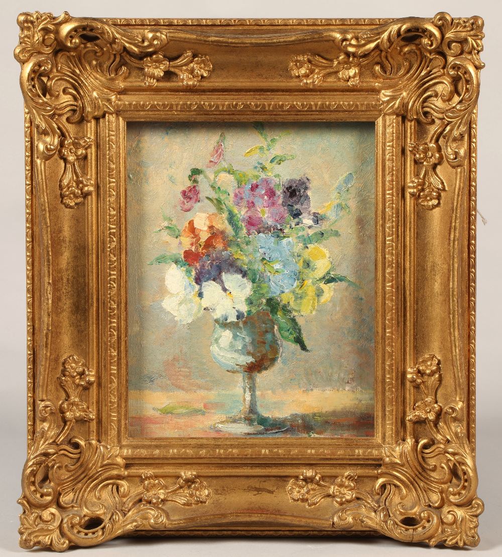 Frances Crawshaw R.B.S.A. (Born 1876) Gilt framed oil on board - signed 'Pansies' 24cm x 19cm Old - Image 2 of 4