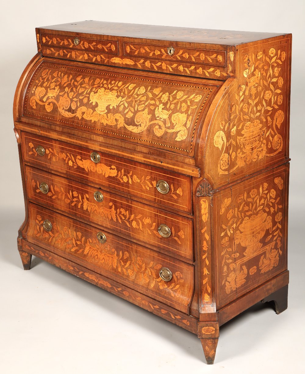 Dutch 19th century marquetry roll top chest, with three drawers, 124 x 123.5 x 57 cm