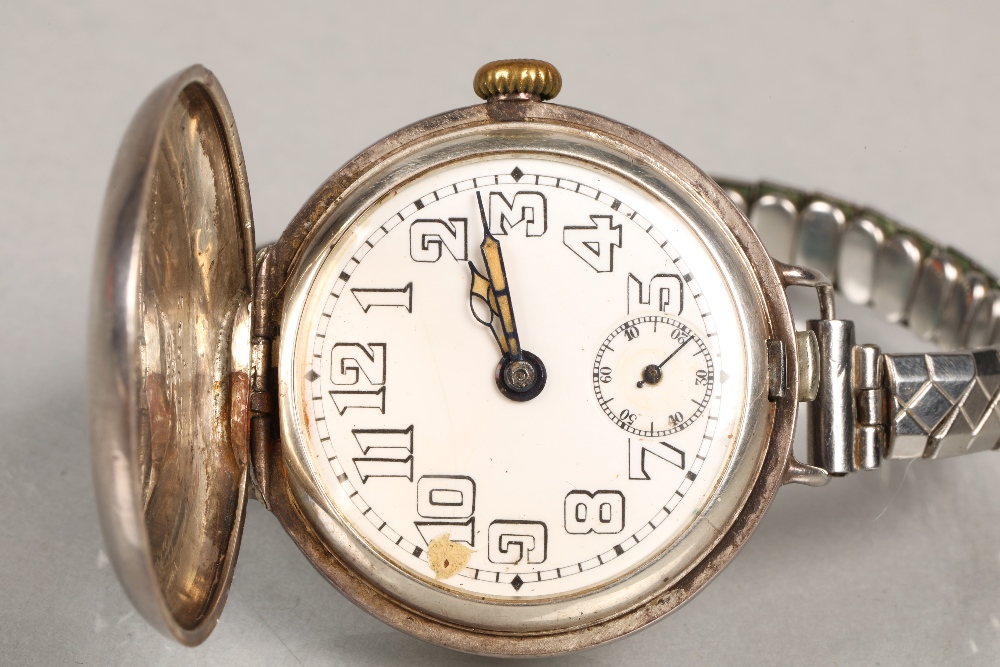 Rolex silver full hunter officers wrist watch. White numbered dial with subsidiary dial. Hinged - Image 3 of 9