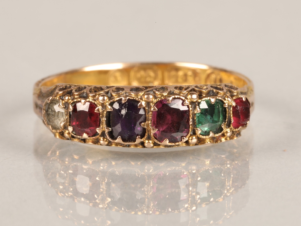19th century 15ct gold "Regard" ring, graduated row of stones comprising of ruby, emerald, garnet,