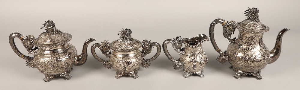 Fantastic 19th century chinese silver four piece tea and coffee service, decorated with warriors, - Image 50 of 51