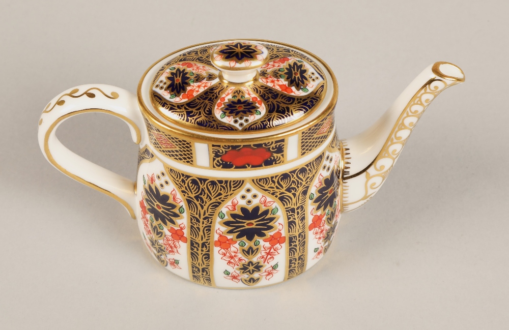 Royal Crown Derby miniature tea service in the imari pattern, comprising of teapot, sugar bowl, - Image 7 of 23