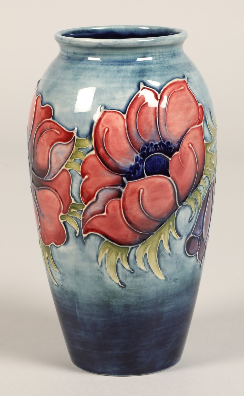Moorcroft pottery vase of baluster form, pale blue ground in the anemone pattern, impressed marks - Image 6 of 10