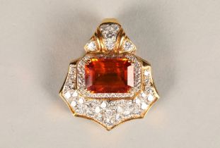Ladies 18ct yellow gold orange sapphire & diamond cluster pendant, central emerald cut orange