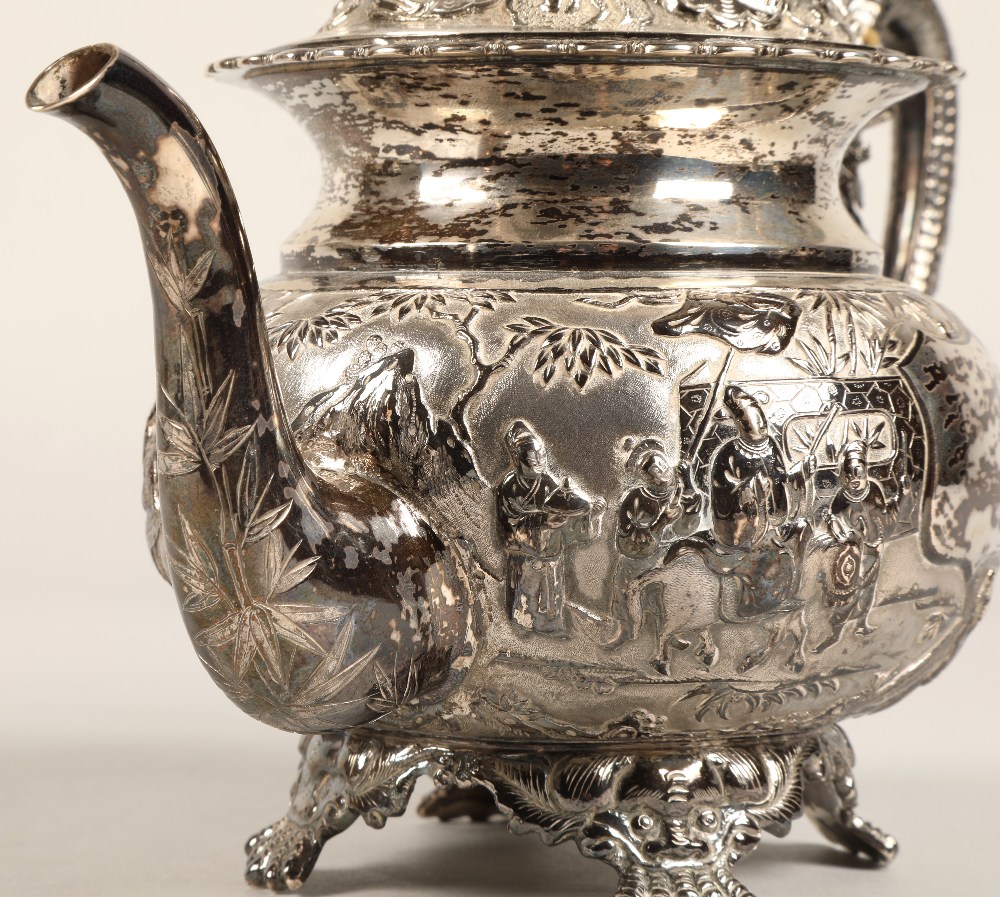 Fantastic 19th century chinese silver four piece tea and coffee service, decorated with warriors, - Image 24 of 51