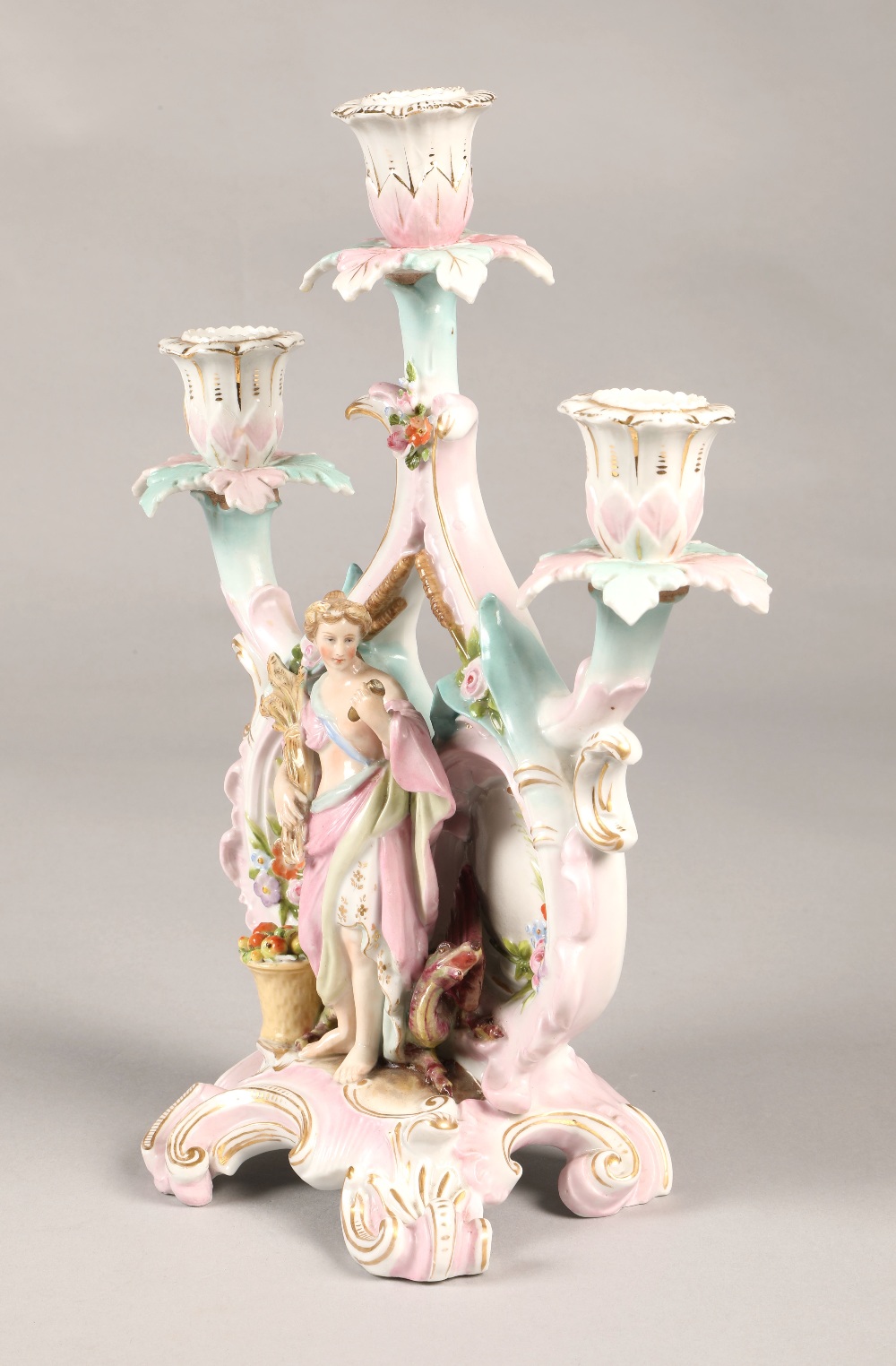 Meissen style candelabra with cross sword markings, featuring a classical figure holding wheat - Image 2 of 6