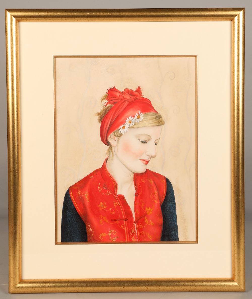 Gentian Lulani ( Albanian born 1972) ARR 'Portrait of a lady in red' Framed, mixed media 38 cm x - Image 2 of 3