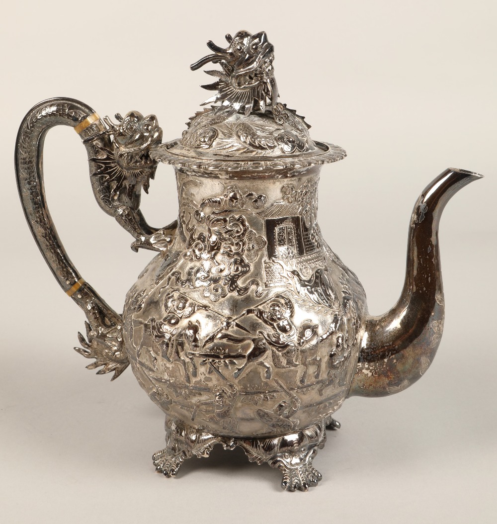 Fantastic 19th century chinese silver four piece tea and coffee service, decorated with warriors, - Image 6 of 51