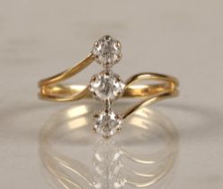 Ladies 9 ct yellow gold three stone diamond ring, each stone 0.2 carat, ring size N/O.
