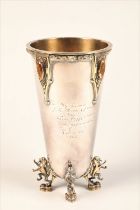 Silver and silver gilt presentation vase, raised on four silver gilt lion rampant feet, celtic