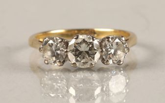 Ladies 18ct yellow gold three stone diamond ring, central stone 0.5 carat with 0.33 carat stone at