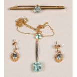 Ladies 15ct gold aquamarine bar brooch,ladies two stone aquamarine necklace & pair of 9ct gold