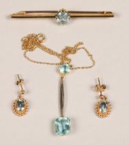 Ladies 15ct gold aquamarine bar brooch,ladies two stone aquamarine necklace & pair of 9ct gold