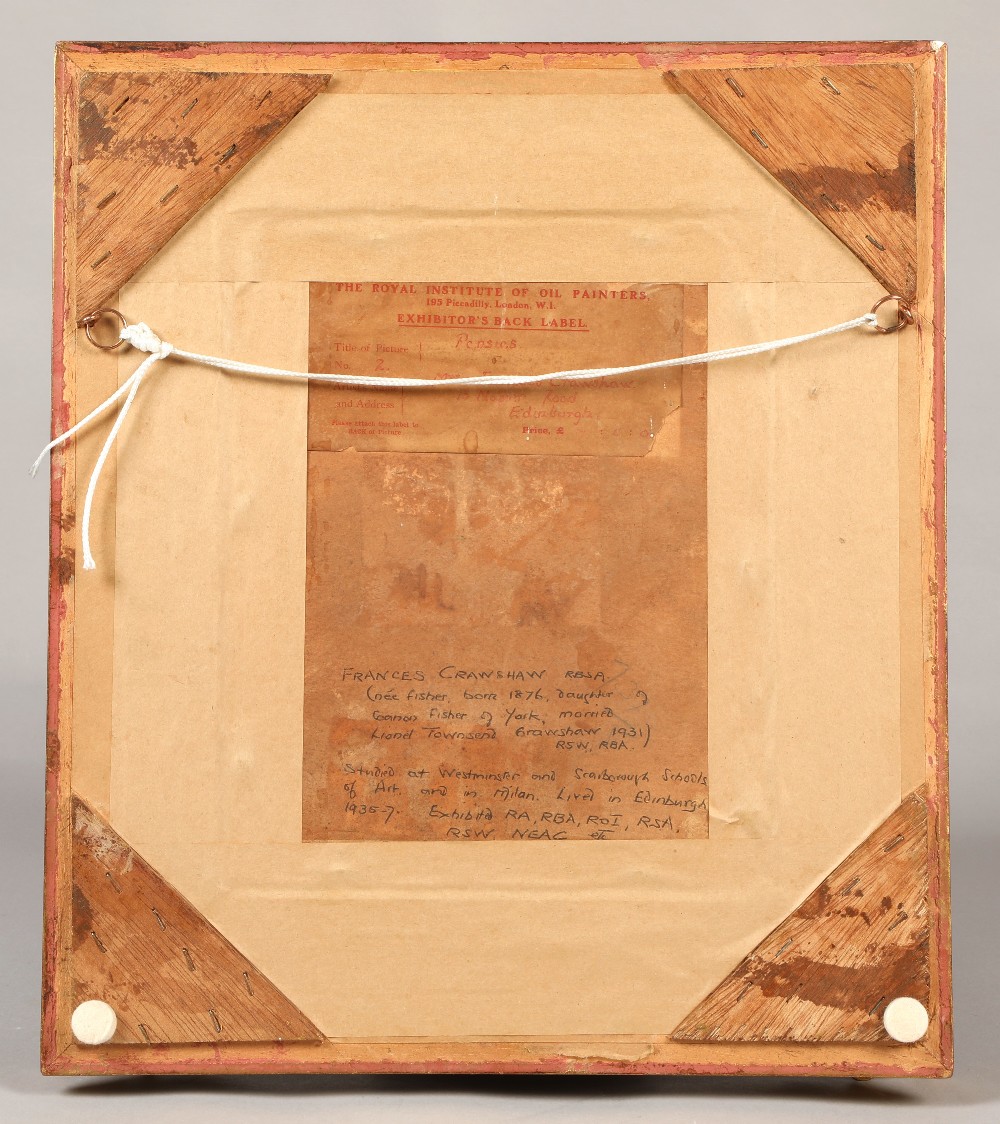 Frances Crawshaw R.B.S.A. (Born 1876) Gilt framed oil on board - signed 'Pansies' 24cm x 19cm Old - Image 4 of 4