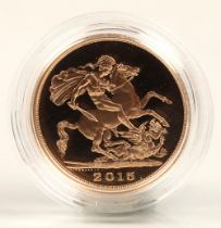 The Royal Mint. The Five-Sovereign Piece 2015 Brilliant uncirculated Gold Proof coin, with