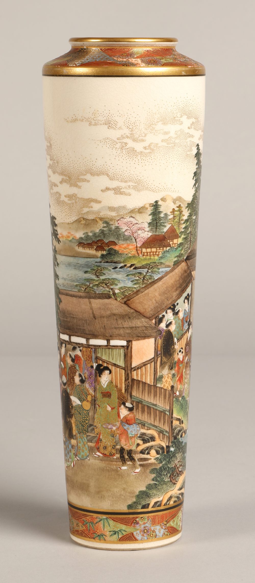 Japanese Satsuma Meiji period vase of elongated form, decorated with nobles in luxurious dress on - Image 5 of 12