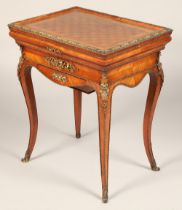 Rosewood sewing work box, hinged lid, mirrored to the inside, raised on outswept legs with ormulou