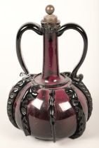 Antique twin handled blown glass decanter, 22cm high